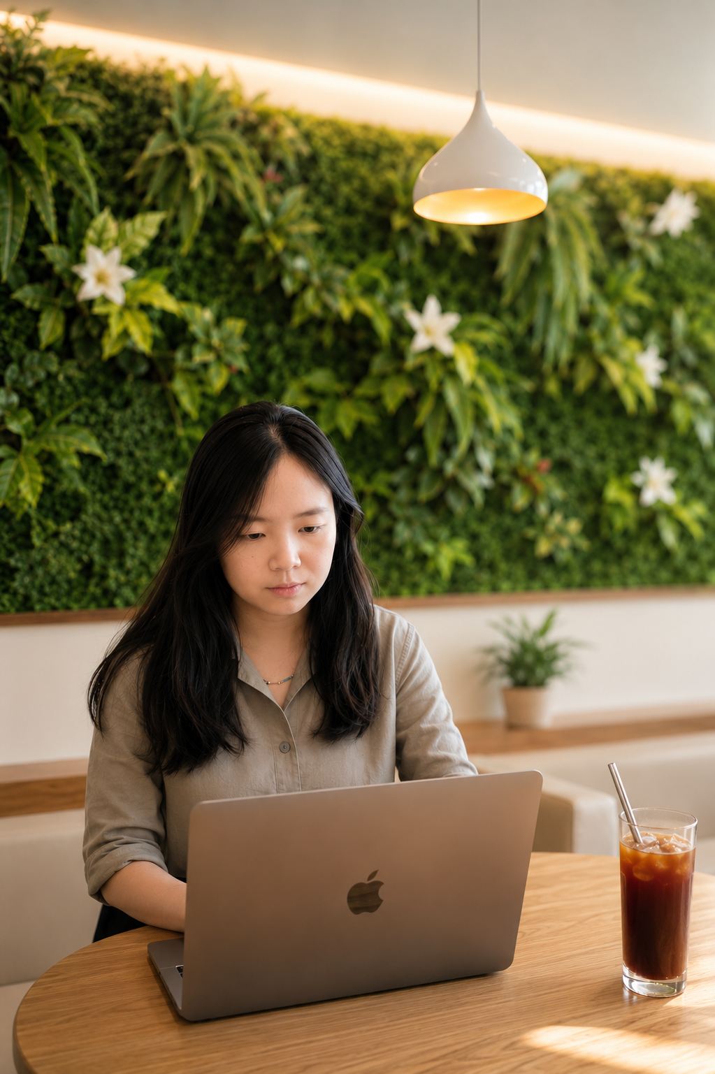 A woman working on laptop in cafe