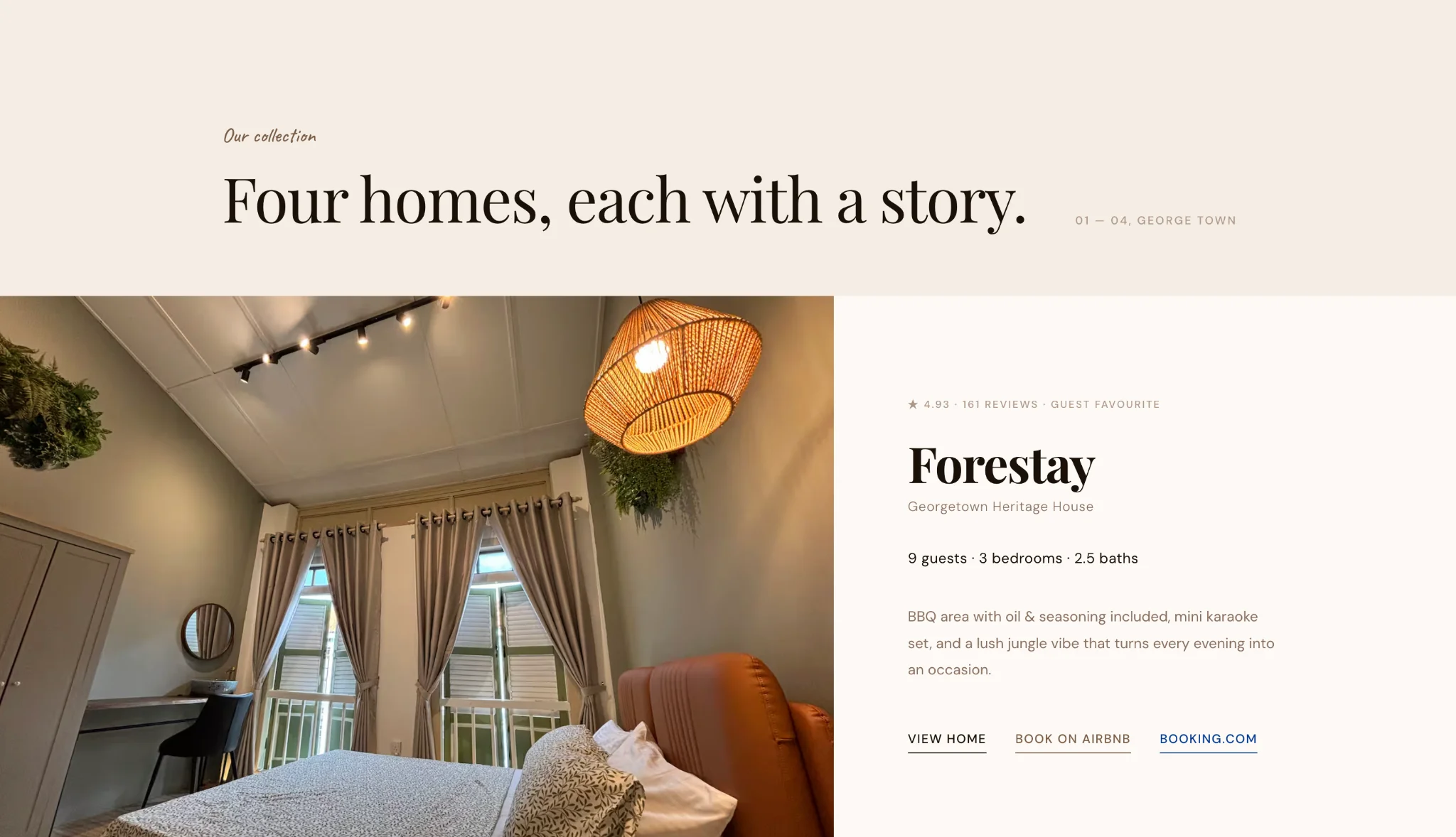 Homestay website design for Forestay featuring a modern heritage house booking experience in Georgetown, Penang.