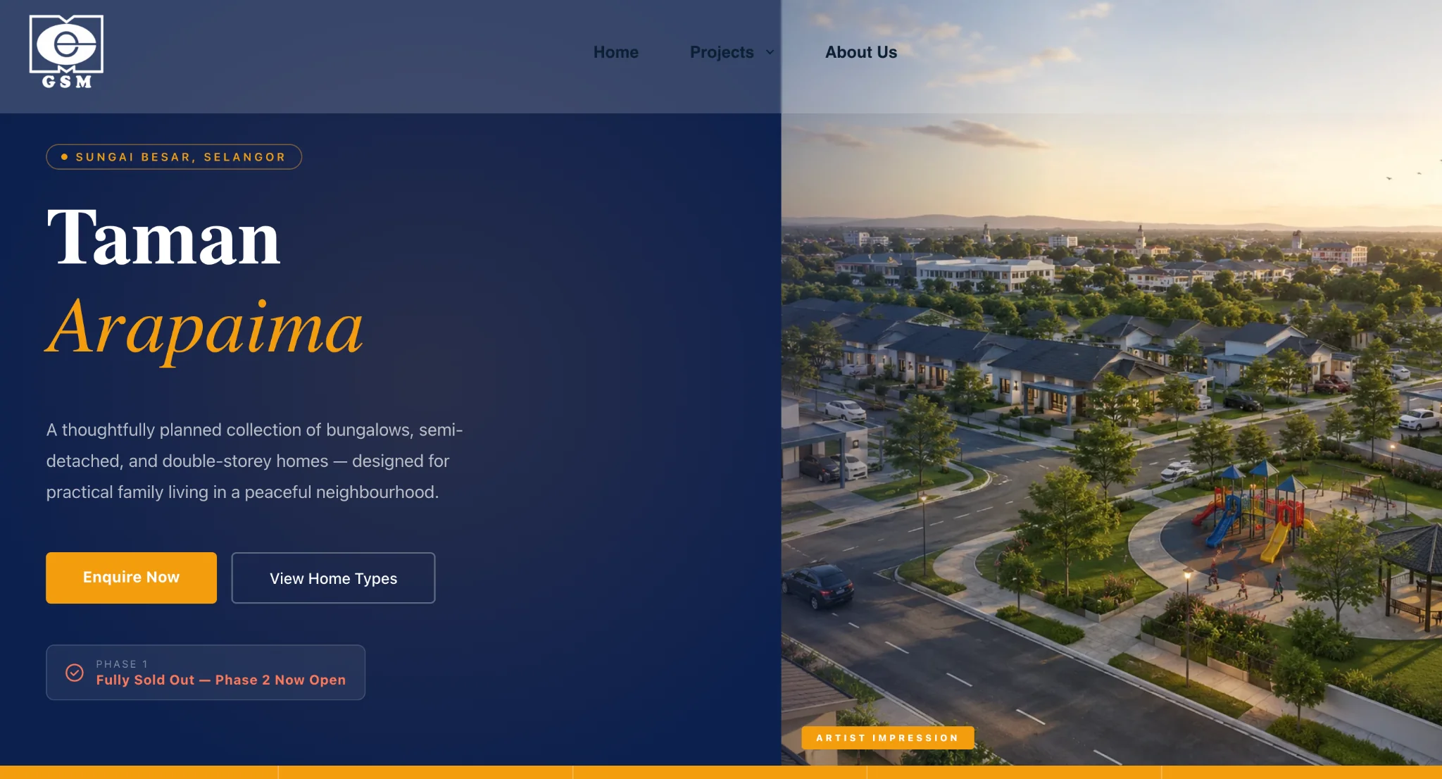 Real estate website design for GSM featuring a modern property development homepage.